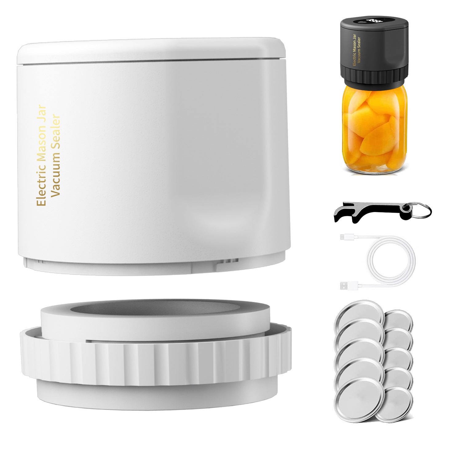 Electric Mason Jar Vacuum Sealer Kit Cordless Automatic Jar Sealer Kit for Food Storage and Fermentation with Mason Jar Lids